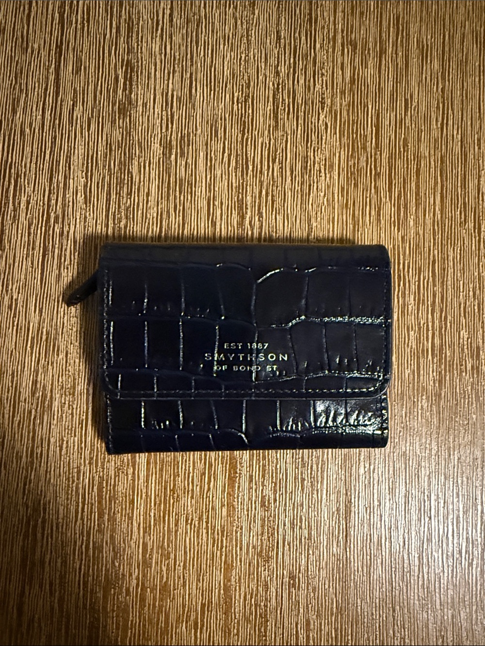 Smythson Croc-Embossed Compact Wallet in Navy Blue with Gold Logo